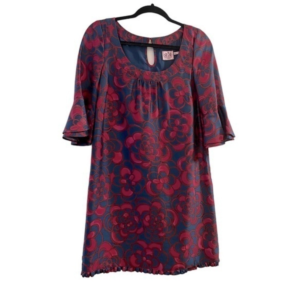 Juicy Couture Gorgeous 100% Silk Scoop Neck Lined Dark Blue & Pink Dress 2